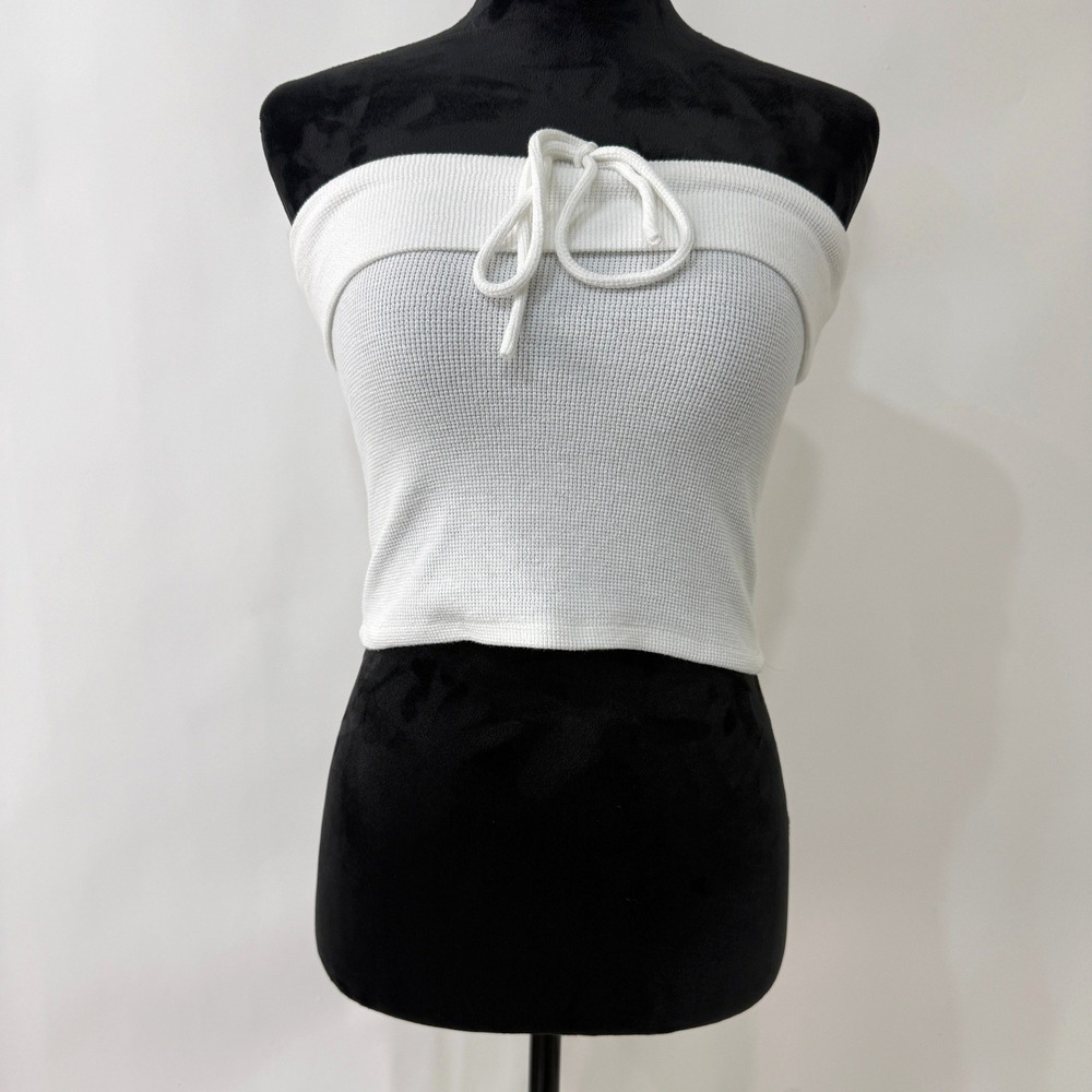 White Fox Waffle Knit Tube Top Womens Small White Strapless Tie Front Crop‎ Top